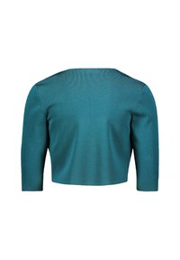 Miętowy krótki sweter z prążkowanej faktury i rękawami o długości trzech ćwierć. Posiada okrągły dekolt i bezszwowy krój.