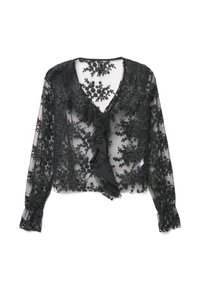 Blusa in pizzo nero con scollo a V, maniche lunghe, ricamo floreale, dettaglio arricciato sul davanti e tessuto trasparente. Polsini elasticizzati completano le maniche.
