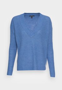 Blauer Strickpullover mit V-Ausschnitt, langen Ärmeln und lockerer Passform. Verfügt über ein strukturiertes Muster und seitliche Schlitze am Saum.