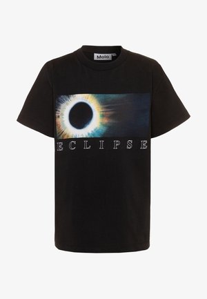 Black cotton t-shirt featuring a central graphic of a solar eclipse with colorful rays, and the word "ECLIPSE" printed below in white.
