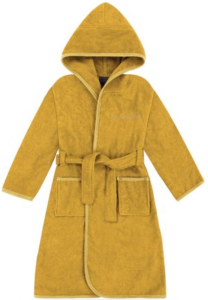 Senfgelbe Kapuzenbademantel mit langen Ärmeln, Taillengürtel, zwei Fronttaschen und kontrastfarbener Einfassung entlang der Ränder.