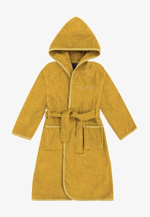 Mustard yellow hooded bathrobe with long sleeves, waist belt, two front pockets, and contrast trim along edges.