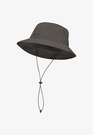 Cappello a secchiello grigio scuro con tesa larga, cinturino regolabile sotto il mento con blocco e logo "Jack Wolfskin" discreto sul lato.