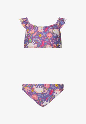 Two-piece swimsuit featuring a purple floral pattern with animals. The top has ruffled shoulder straps, while the bottom is a classic bikini cut.