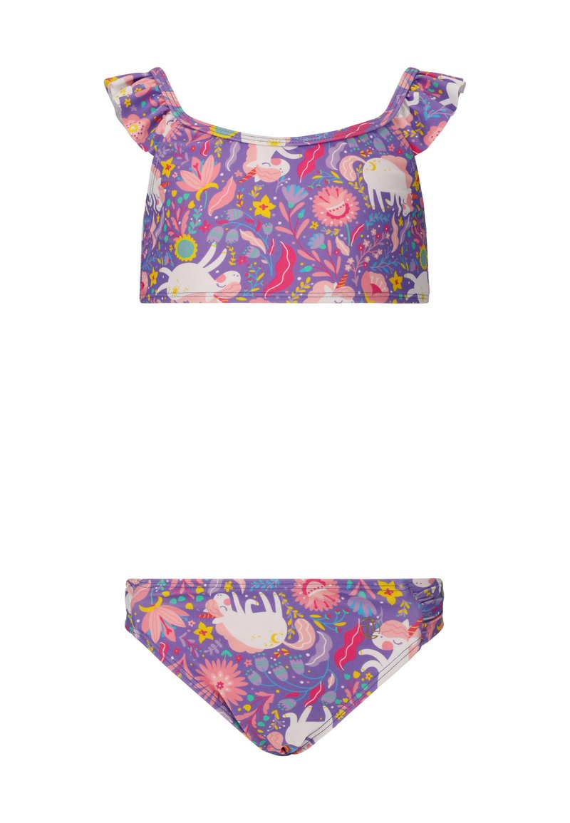 Zweiteiliges Badeanzug-Set mit lila Blumenmuster und Tieren. Das Oberteil hat rüschige Schulterträger, während das Unterteil einen klassischen Bikini-Schnitt aufweist.