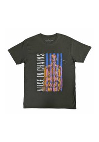Dark green T-shirt featuring a graphic print of a skeletal figure in vibrant colors, with "Alice in Chains" text on the left side.