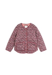Chaqueta acolchada rosa con un patrón de estampado de leopardo, cuello redondo, botones a presión en el frente y dos grandes bolsillos delanteros con ribete.