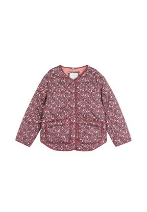 Chaqueta acolchada rosa con un patrón de estampado de leopardo, cuello redondo, botones a presión en el frente y dos grandes bolsillos delanteros con ribete.