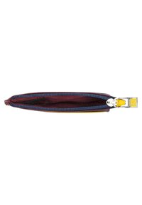 Zippered pencil case in dark blue and burgundy fabric, featuring a silver hardware zipper and bright yellow pull tab, slim and streamlined design.