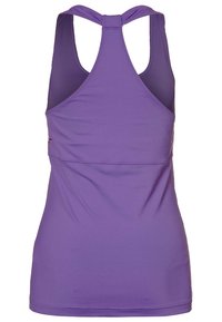 Lila sporttopp med racerbackdesign, tillverkad av slät tyg, med rak nederkant och subtila sömnadsdetaljer.