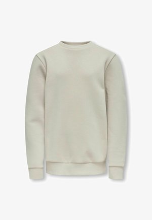 Lichtbeige crewneck sweatshirt gemaakt van zachte stof; heeft ribbel manchetten en zoom, en een gladde textuur. Eenvoudig en klassiek ontwerp.