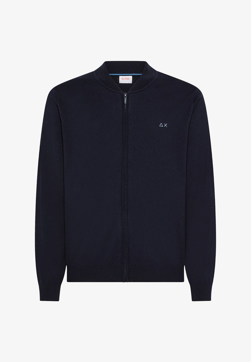 Cardigan zip-up blu navy in tessuto strutturato, con scollatura tonda e polsini a coste. Presenta un piccolo logo sul petto.