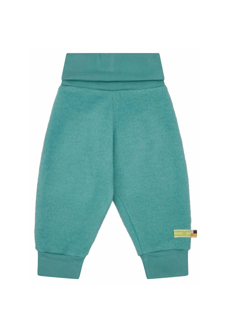 Pantaloni per toddler in pile turchese con una texture morbida, caratterizzati da una vita e dei polsini a coste, e un piccolo etichetta del marchio sul lato.
