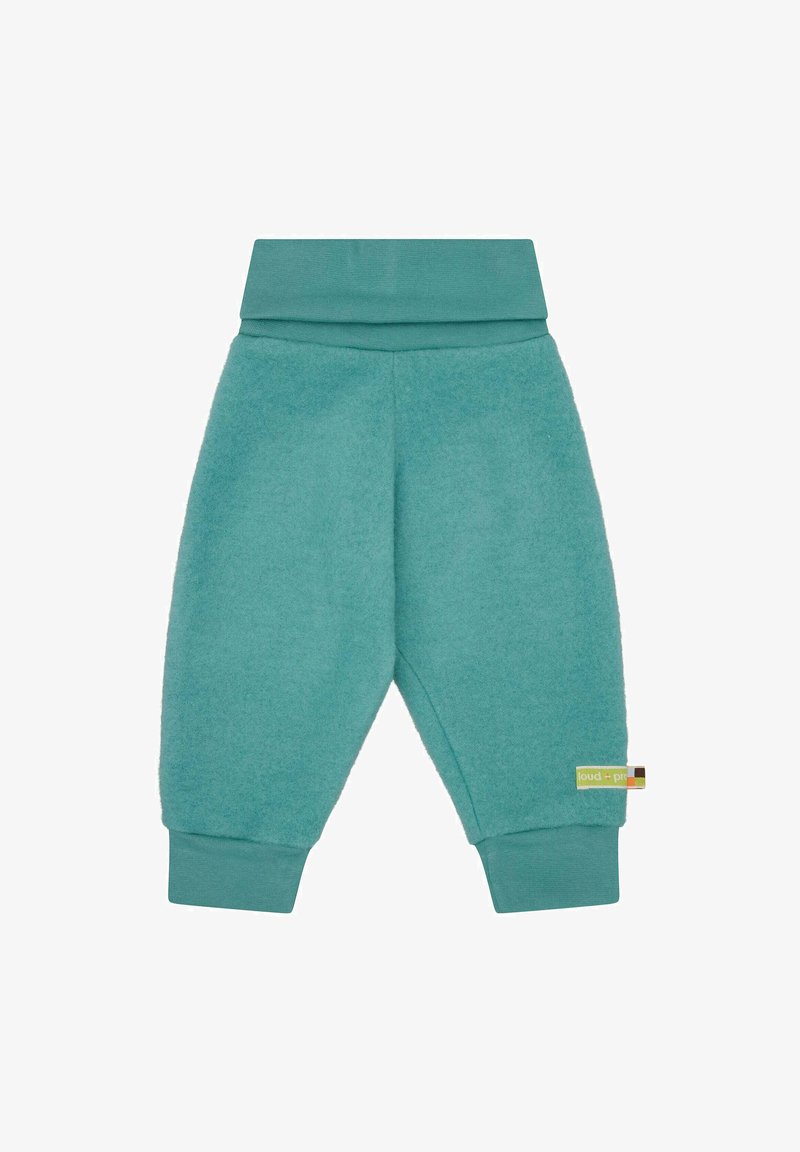Pantaloni per toddler in pile turchese con una texture morbida, caratterizzati da una vita e dei polsini a coste, e un piccolo etichetta del marchio sul lato.