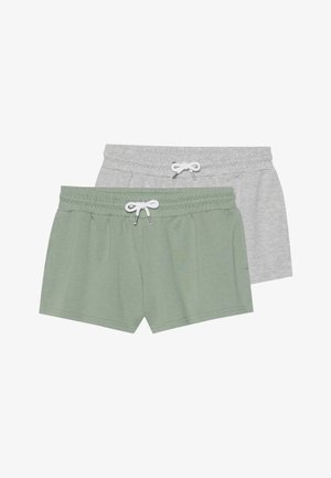 To par med bomullsshorts: en i lys grønn og en i lys grå. Hver shorts har elastisk midje med snøring.