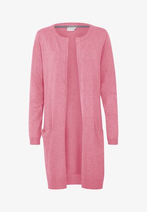 Pikk, roosa kardigan pehmest kudumaterjalist. Omab avatavat eesmist osa, pikki varrukaid ja kahte eesmist taskut.