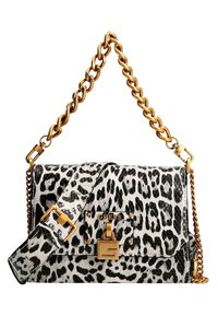 Kabelka se vzorem leopardí kůže z texturovaného materiálu, s řetízkovým popruhem v zlaté barvě, logem na kovových prvcích a předním zapínáním na sponu.