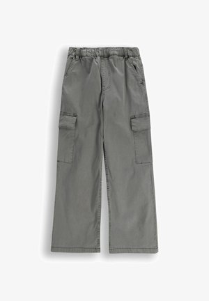 Szare spodnie cargo z elastycznym pasem, dwoma bocznymi kieszeniami oraz dwiema większymi kieszeniami cargo na udach. Wykonane z trwałej tkaniny.