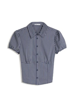 Blouse à manches courtes à carreaux bleu marine et blancs, avec un col et un devant à boutons, dotée de détails froncés à la taille.
