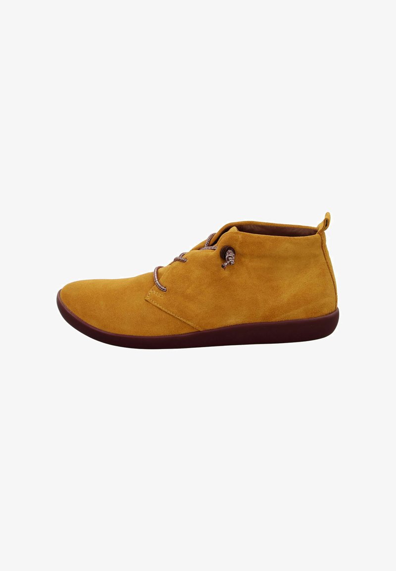 Yellow suede ankle boots with round toe, feature brown rubber sole, two eyelets with laces, and a small heel tab at the back.
