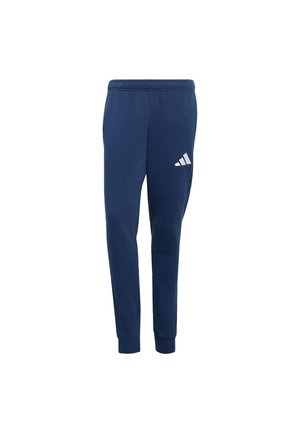Pantaloni sportivi Adidas blu navy con vestibilità slim. Presentano una cintura elastica e un logo bianco sulla coscia sinistra. Tessuto morbido al tatto.