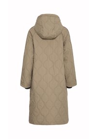 Langer, gesteppter Mantel in Beige mit Kapuze, ausgestattet mit einem Wellenmuster und schwarzen Akzenten an den Ärmeln. Glatte Textur, gerader Schnitt.