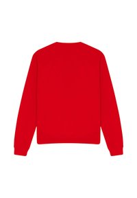 Red sweatshirt with long sleeves, crew neck, and ribbed cuffs and hem. Made from a smooth, soft fabric with no visible branding or patterns.