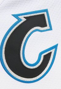 Black curved arrow patch with white and blue borders sewn onto white textured fabric background.