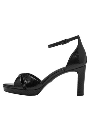 Sandale noire à talon haut avec bride à la cheville, bout ouvert, brides croisées à l'avant et motif texturé sur le talon et la semelle plateforme.