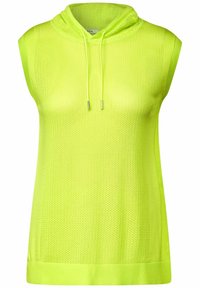 Top senza maniche con cappuccio in un vivace giallo neon. Realizzato in un tessuto a rete testurizzato, dotato di un cordino sul cappuccio e con una vestibilità comoda.
