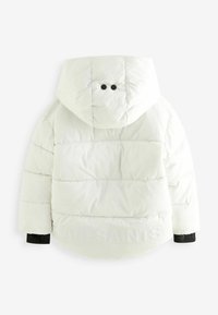 Vit puffjacka med huva. Har sydda paneler, två svarta knappar på huvan och "ALLSAINTS" präglat vid nederkanten.