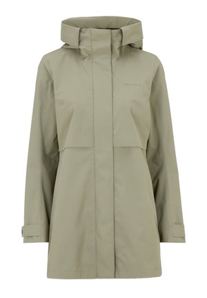 Light green waterproof jacket with a high collar, front flap pockets, and a relaxed fit. Smooth texture, adjustable cuffs, and minimal branding.