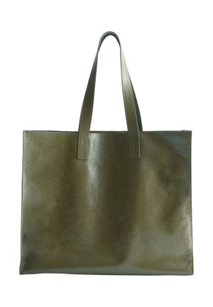 Stor olivengrøn lædertaske med to skulderremme og en glat tekstureret overflade.