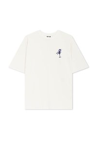 Krémové tričko s krátkým rukávem, na levé straně hrudi zdobeno námořnickou grafikou sedící postavy s nápojem. Měkká tkanina, volný střih.