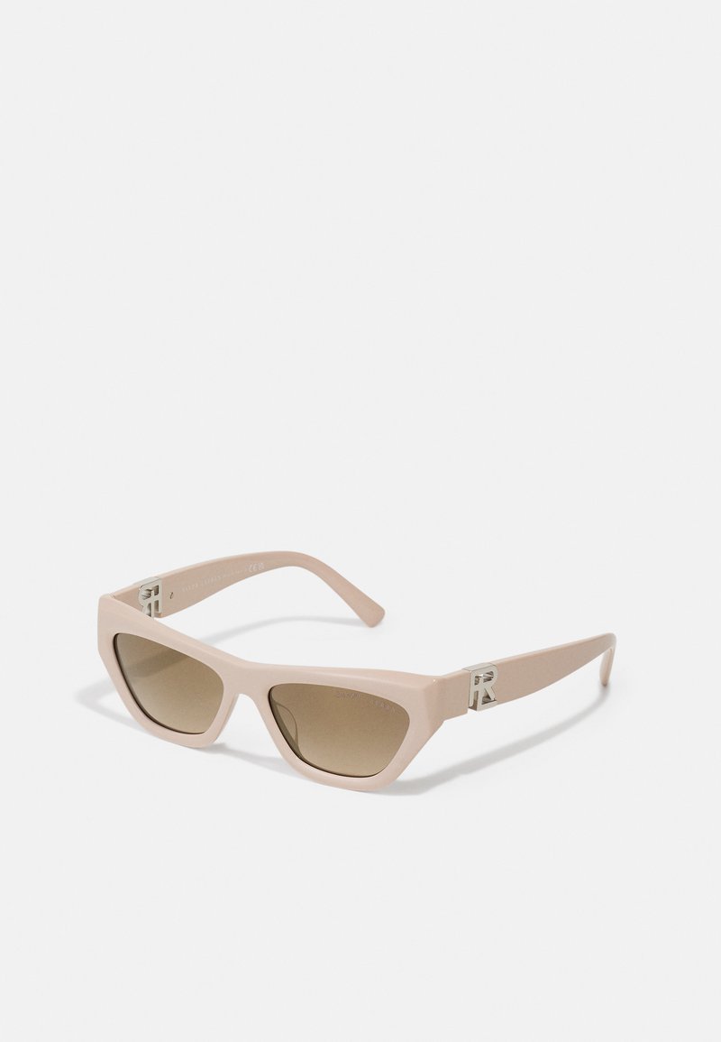 Pale pink plastic sunglasses with a geometric shape and brown gradient lenses; features silver hardware on the temples.