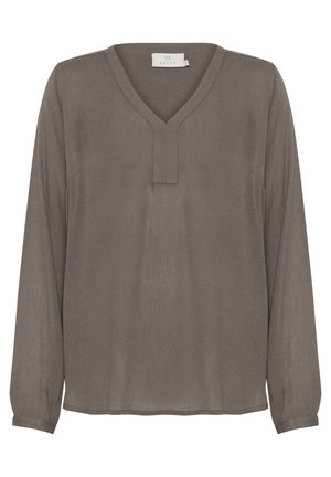 Langærmet taupe bluse med V-udskæring og frontknaplukning. Blødt, letvægts stof med en glat tekstur og samlede manchetter.