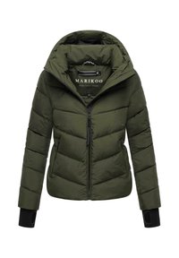 Olive green padded winter jacket with high collar, front zipper, side pockets, and black inner wrist cuffs with thumb holes.