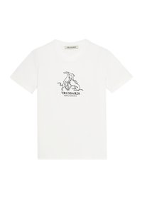 Camiseta blanca de algodón con un dibujo de línea negra de dos perros y el logo "TRUSSARDI GENTLE SOCIETY" debajo de la gráfica.