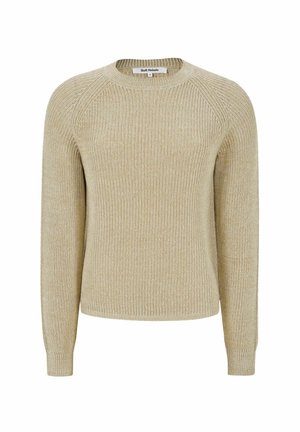 Pulover bej tricotat cu decolteu rotund, mâneci lungi raglan și textură subtilă. Croială casual, potrivit pentru suprapuneri.