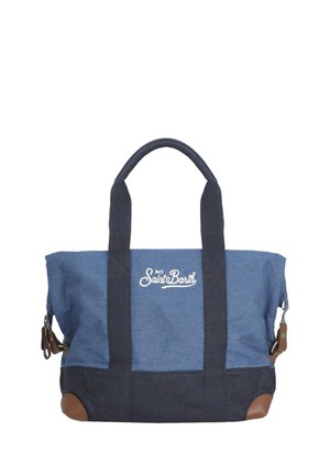 Borsa tote blu e blu navy scuro con dettagli in pelle color cuoio, due manici e logo bianco "MC2 Saint Barth" al centro davanti.