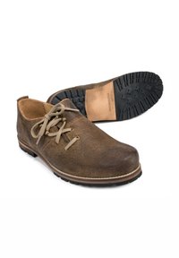 Brown leather shoes with a textured finish, round toe, and leather laces. Comes with a durable black rubber sole featuring patterns for grip.
