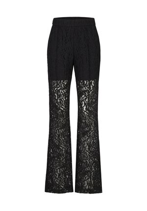 Schwarze Spitzenhose mit Blumenmuster, blickdichter Stoff am oberen Oberschenkel und transparente Spitze von der Mitte des Oberschenkels bis zum Saum, ausgestellter Hosenbein-Stil.