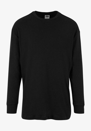 Tricou negru cu mânecă lungă din bumbac, cu guler tip crew și manșete elasticizate. Textură netedă, design simplu fără modele.