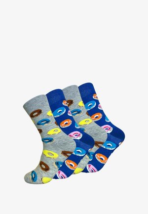 Cuatro pares de calcetines en gris y azul con patrones de donuts coloridos; textura, de longitud media hasta la pantorrilla, con acentos de diferentes colores en la puntera y el puño.