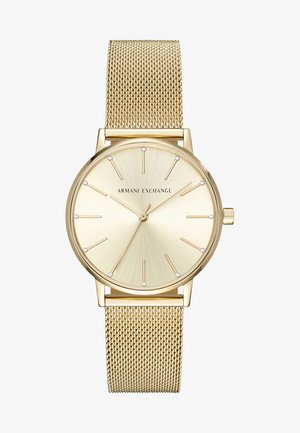 Montre en acier inoxydable doré avec un bracelet en maille. Cadran rond avec un fond doré brossé, des index horaires et des accents en cristaux.