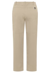 Pantaloni da trekking beige con design a gamba dritta, realizzati in materiale leggero, dotati di tasca con chiusura a zip e dettagli di cucitura discreti.