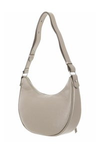 Borsa hobo in pelle grigia chiara con un design curvo, tracolla regolabile e chiusura con zip sulla parte superiore per un accesso facile.