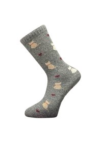 Grey socks featuring a pattern of beige cats and red hearts, made of soft material with a ribbed cuff at the top.