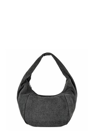 Donkergrijze stoffen schoudertas met brede riem en voorvak, afgebeeld tegen een witte achtergrond.