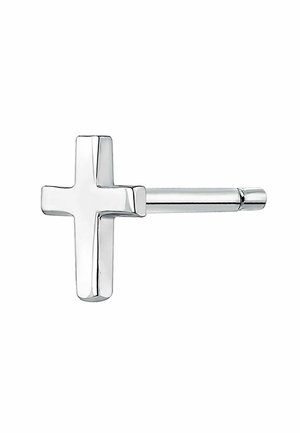 Colgante de cruz en tono plateado con un acabado pulido, que presenta un diseño geométrico simple y un accesorio de barra recta para llevarlo.